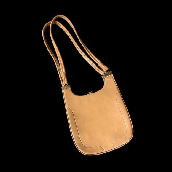 Handbags - Vintage Purse Vinyl Shoulder Bag Double Strap Beige Tan 1960s Retro Fashion